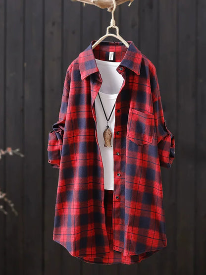 Women Casual Mid Length Plaid Long Sleeve Shirt