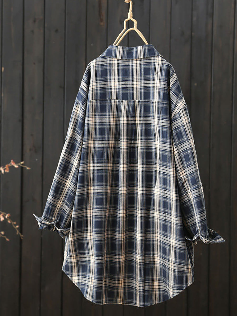 Women Casual Mid Length Plaid Long Sleeve Shirt