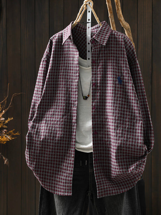 Women Fall Plaid Vintage Long Sleeve Cotton Cardigan Shirt