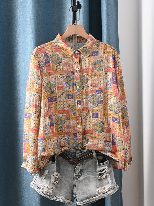 Women Ethnic Printed 100% Ramie Long Sleeve Shirt