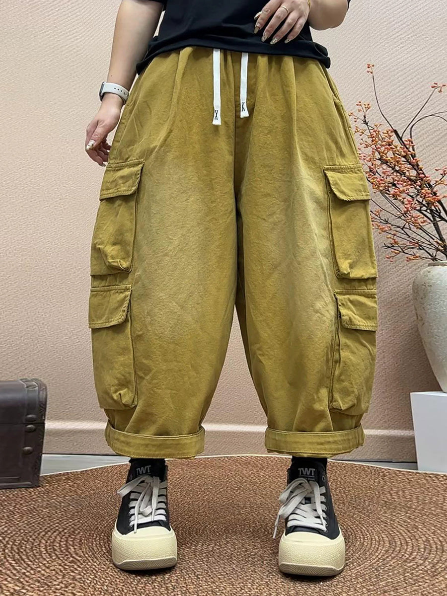 Women Vintage Distressed Big Pocket Cargo Cropped Pants