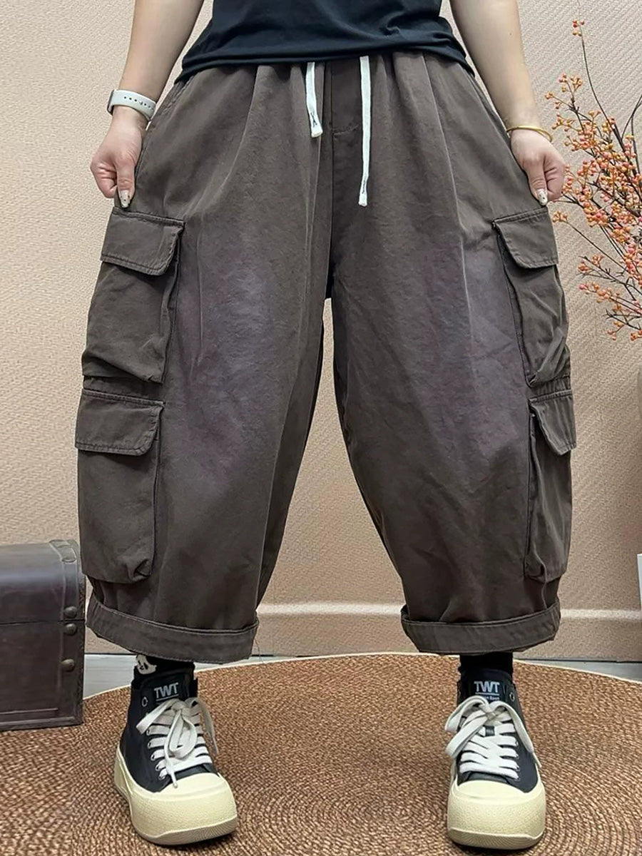 Women Vintage Distressed Big Pocket Cargo Cropped Pants