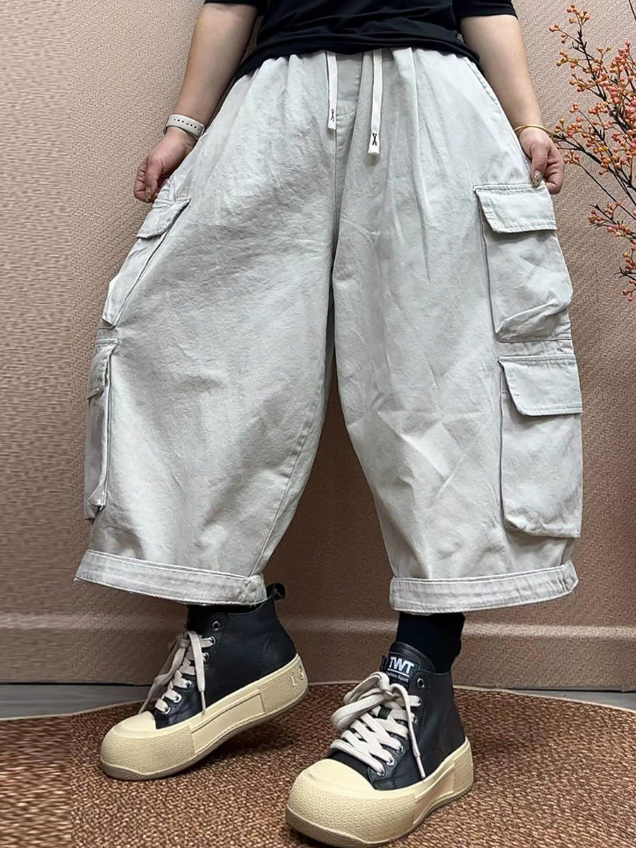 Women Vintage Distressed Big Pocket Cargo Cropped Pants