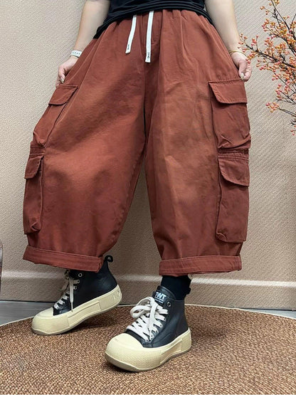Women Vintage Distressed Big Pocket Cargo Cropped Pants