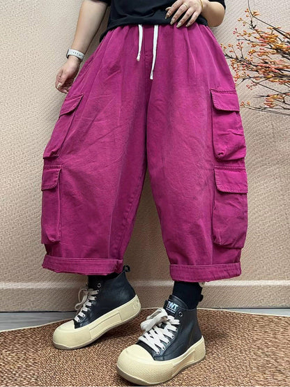 Women Vintage Distressed Big Pocket Cargo Cropped Pants