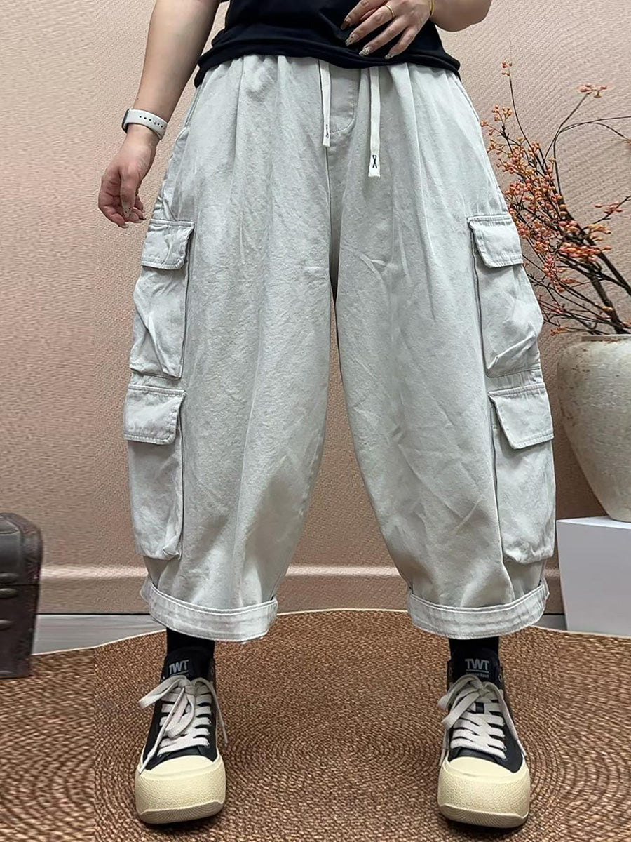 Women Vintage Distressed Big Pocket Cargo Cropped Pants