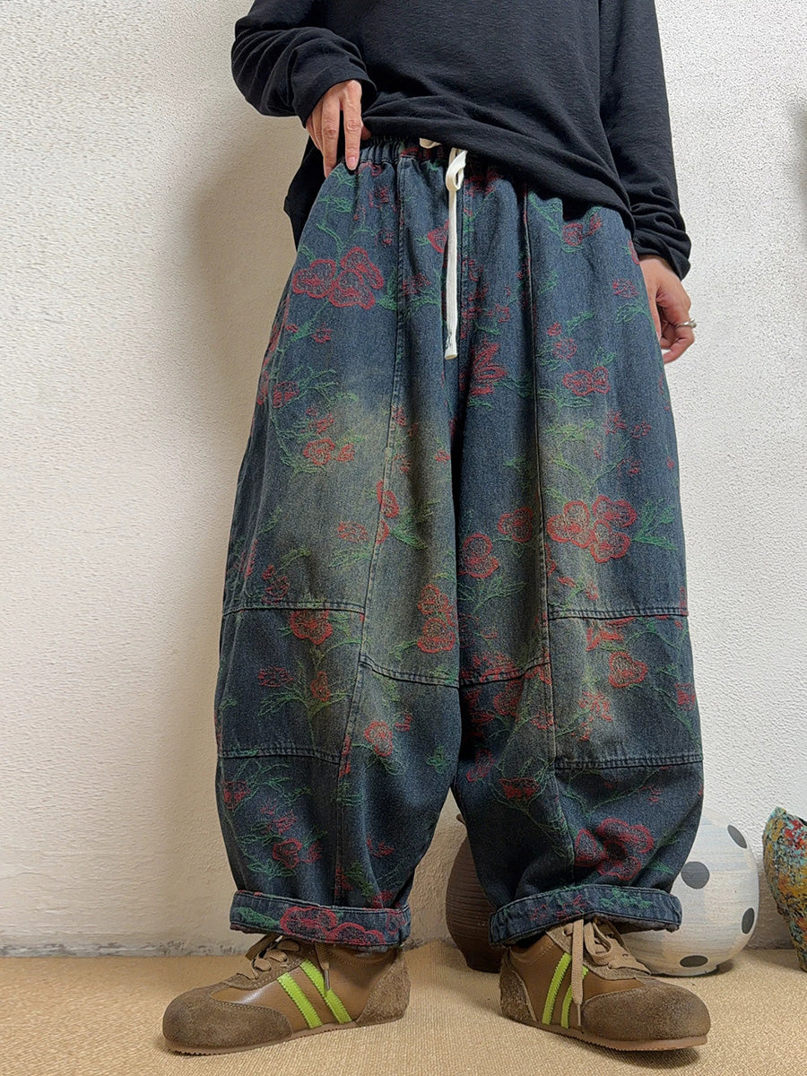 Women Fall Vintage Distressed Jacquard Denim Harem Pants