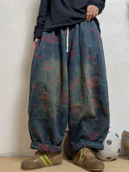 Women Fall Vintage Distressed Jacquard Denim Harem Pants