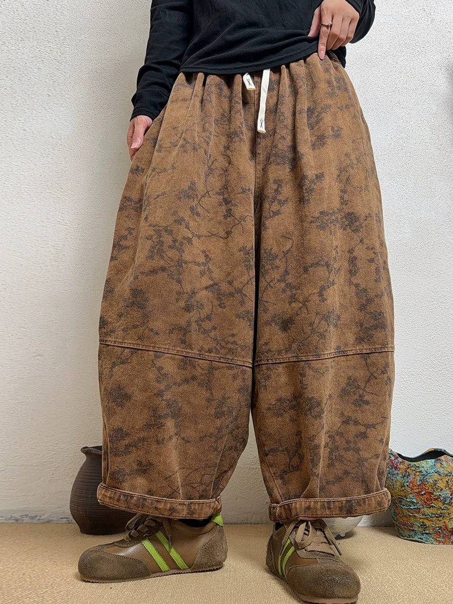 Women Vintage Washed Printed Cropped Denim Jeans
