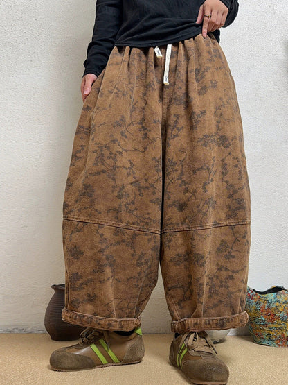 Women Vintage Washed Printed Cropped Denim Jeans
