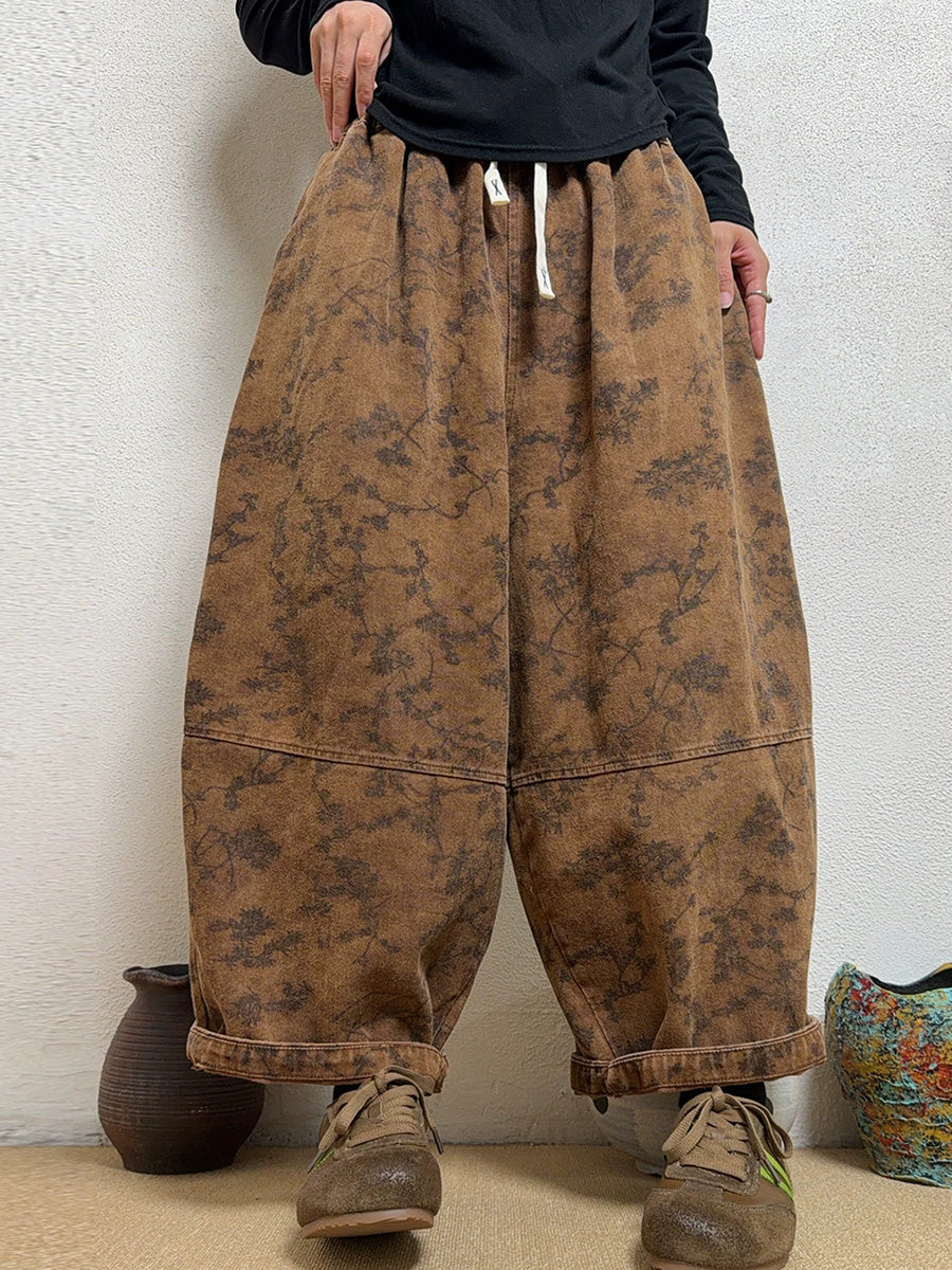 Women Vintage Washed Printed Cropped Denim Jeans
