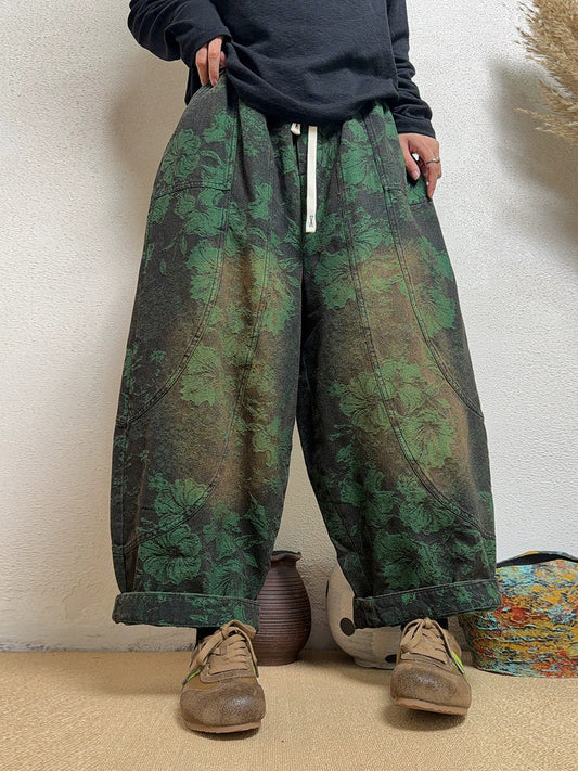 Women Washed Distressed Jacquard Splicing Denim Harem Pants
