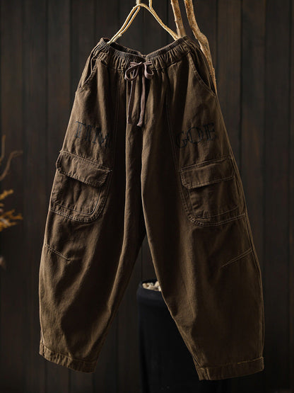 Women Fall Artsy Pure Color Cotton Harem Pants