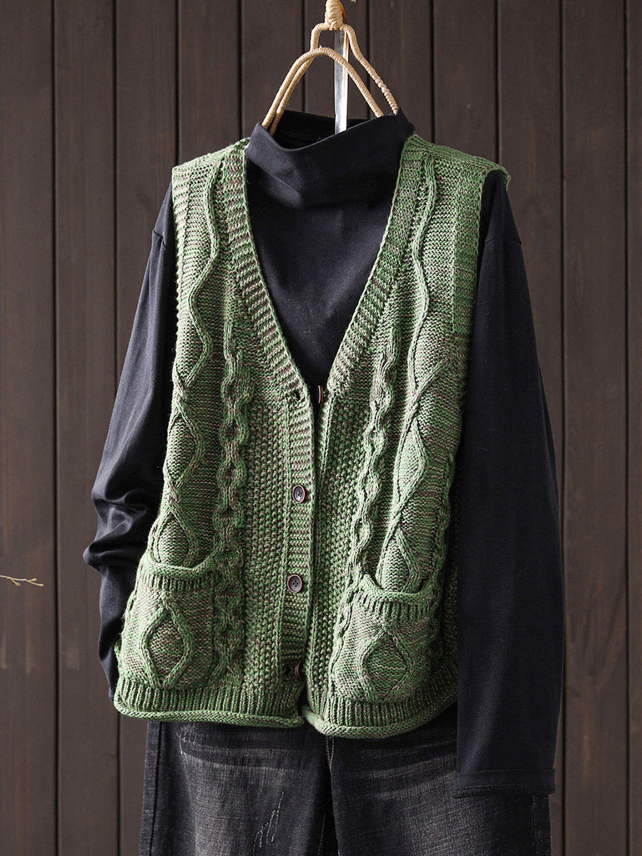 Women Vintage Cable Knit V Neck Sleeveless Outerwear Sweater