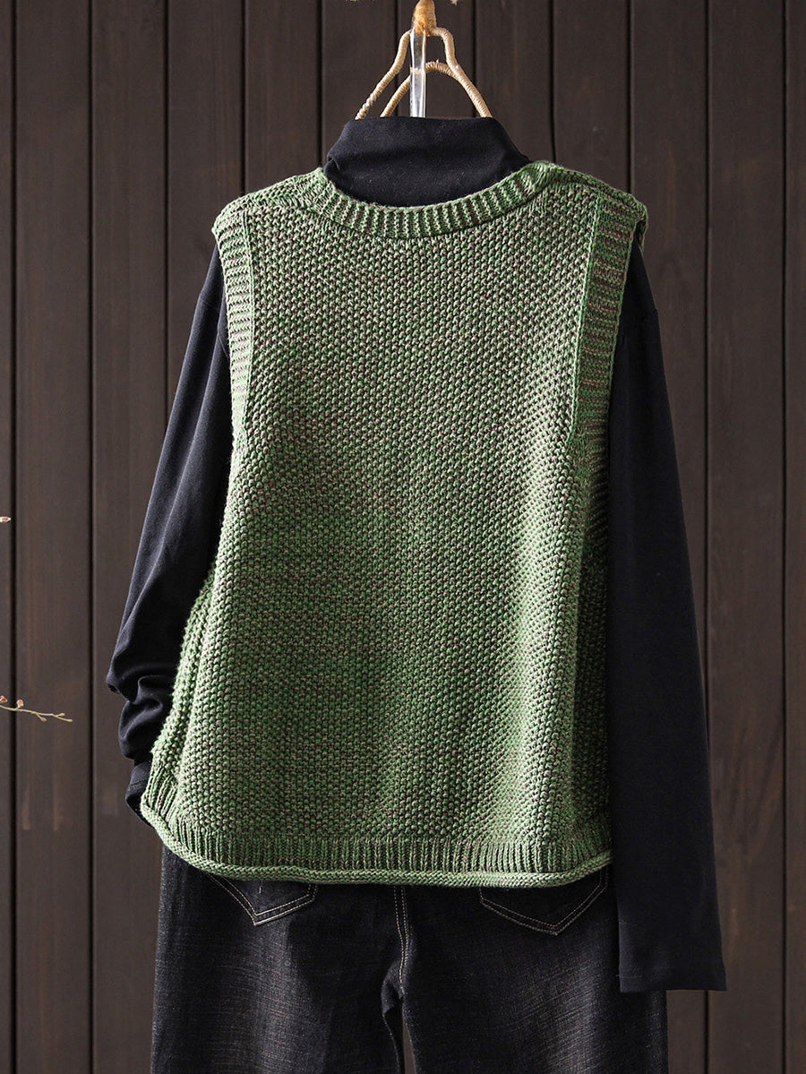 Women Vintage Cable Knit V Neck Sleeveless Outerwear Sweater
