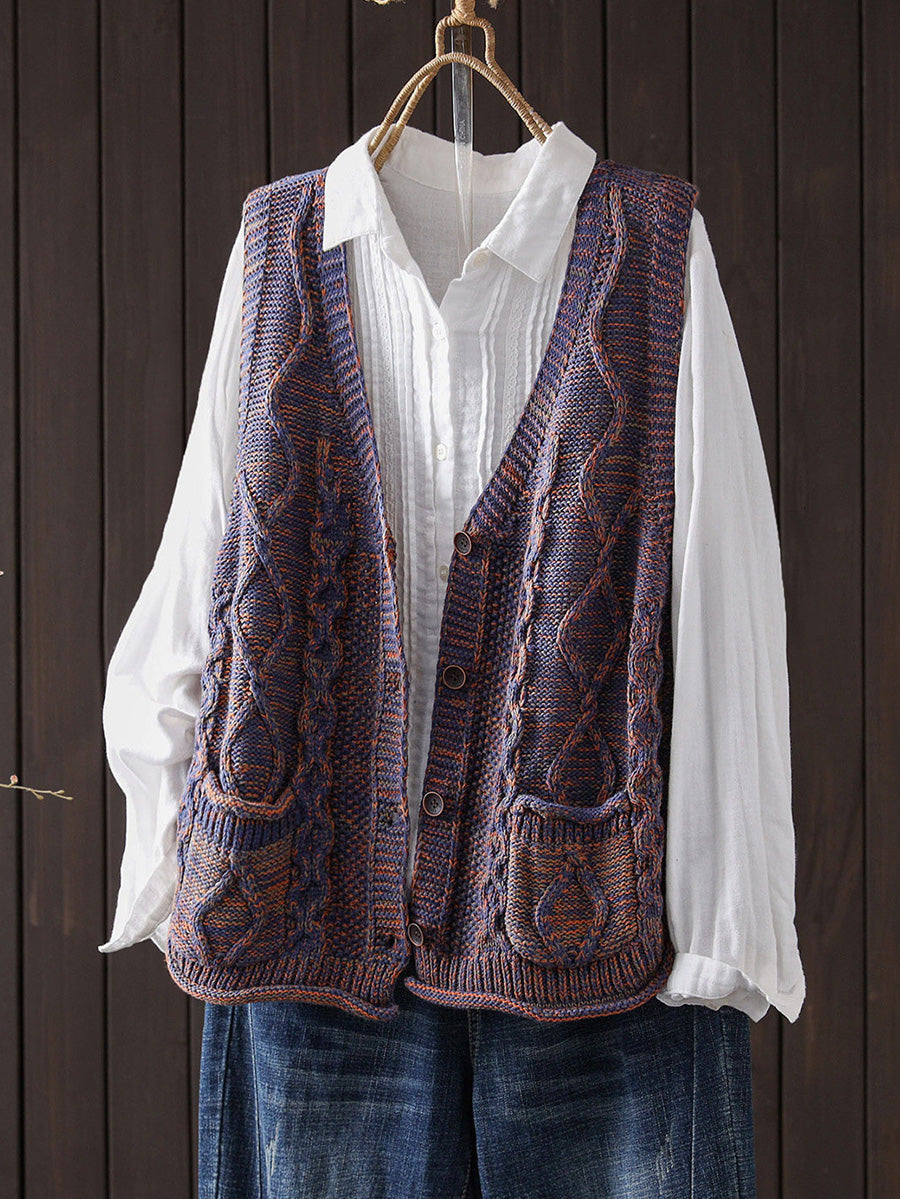 Women Vintage Cable Knit V Neck Sleeveless Outerwear Sweater