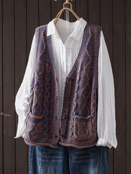 Women Vintage Cable Knit V Neck Sleeveless Outerwear Sweater