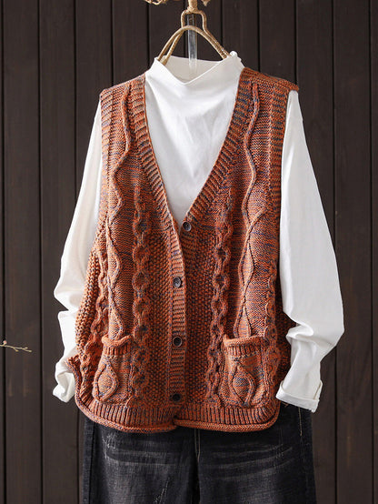 Women Vintage Cable Knit V Neck Sleeveless Outerwear Sweater