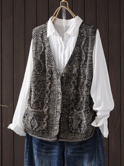 Women Vintage Cable Knit V Neck Sleeveless Outerwear Sweater