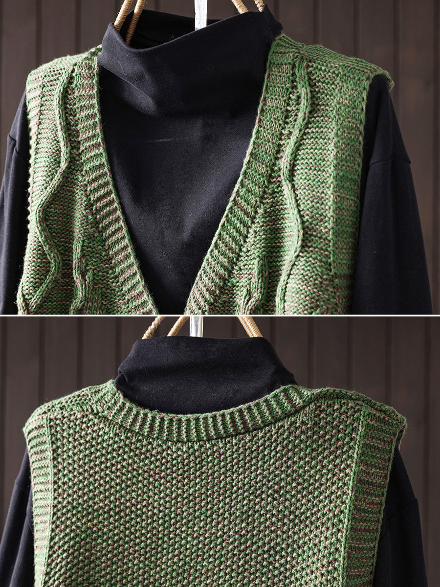 Women Vintage Cable Knit V Neck Sleeveless Outerwear Sweater