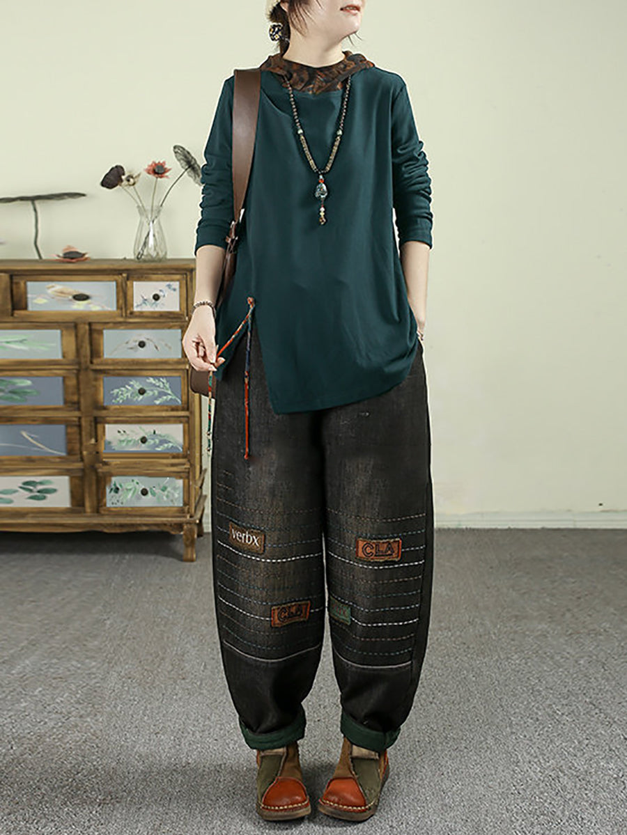 Women Vintage Print Hooded Long Sleeve Top