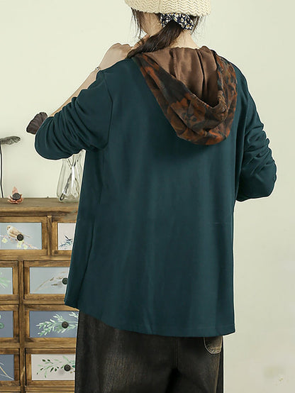 Women Vintage Print Hooded Long Sleeve Top