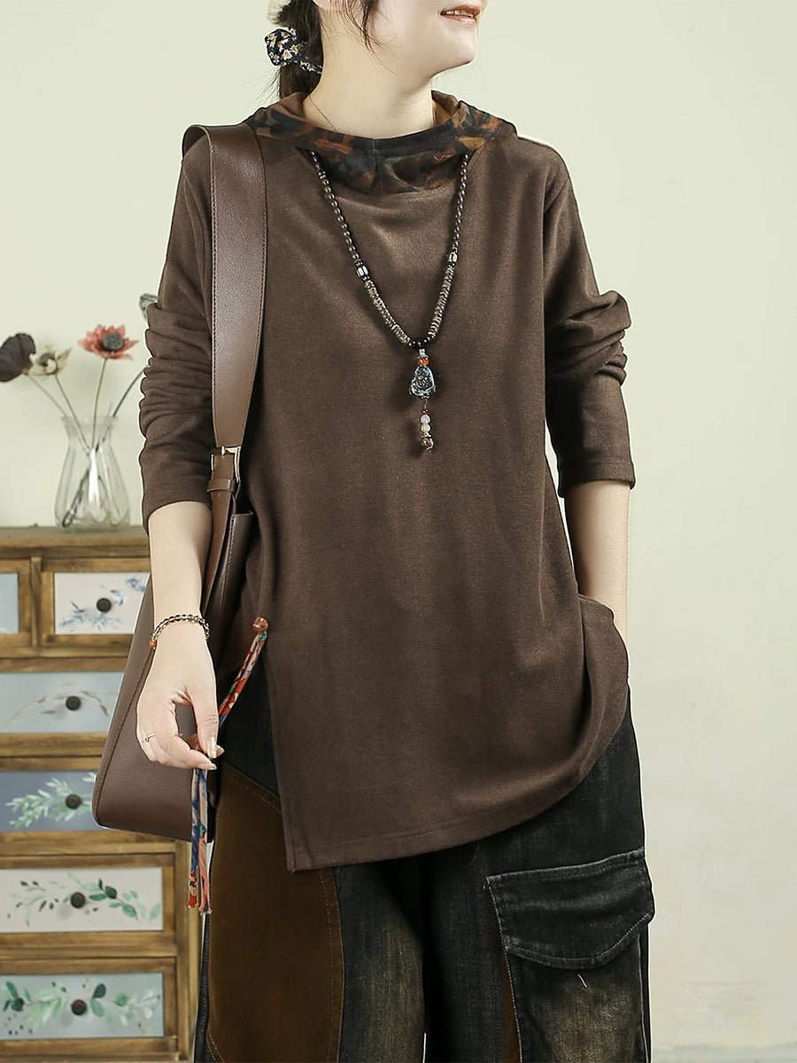 Women Vintage Print Hooded Long Sleeve Top