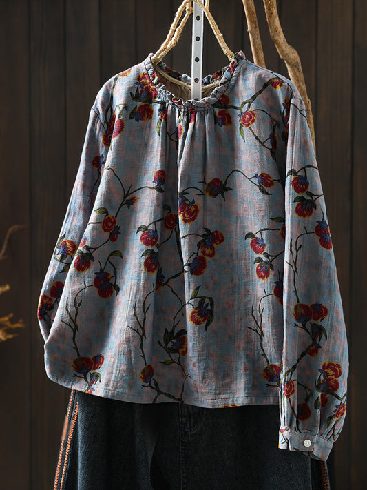 Women Fall Floral Print Long Sleeve Cotton Blouse