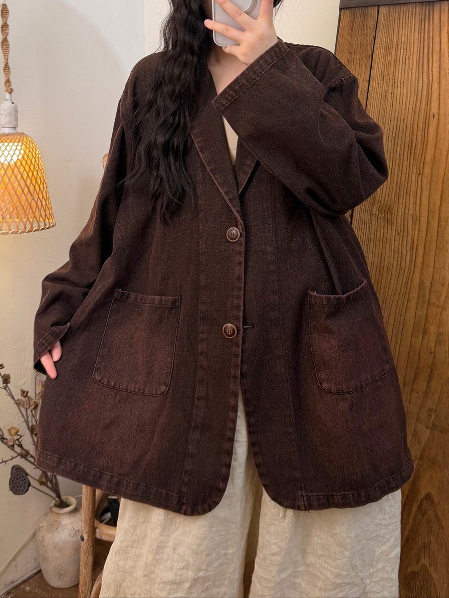 Women Vintage Washed Distressed Casual Denim Jacket