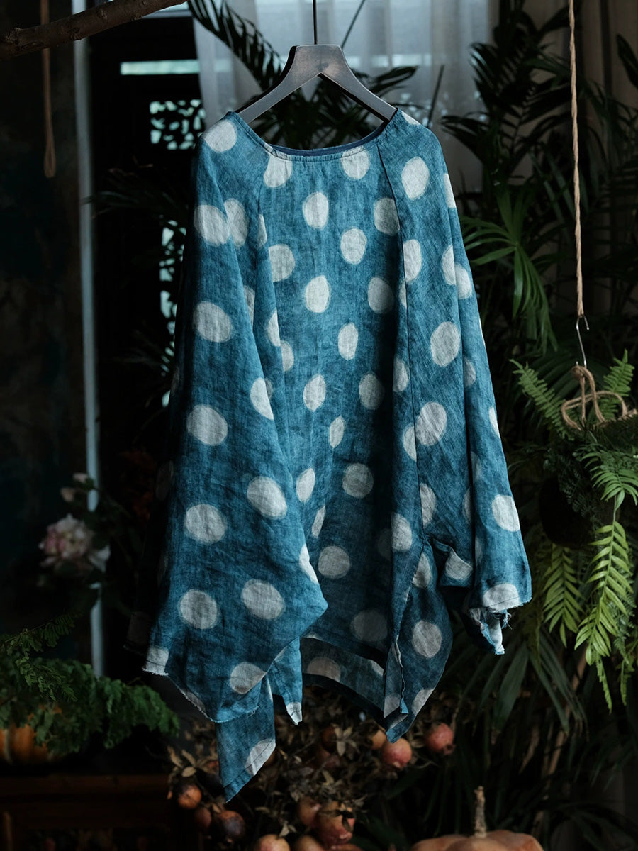 Women Vintage Polka Dot Vintage Long Sleeve Ramie Shirt