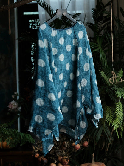 Women Vintage Polka Dot Vintage Long Sleeve Ramie Shirt
