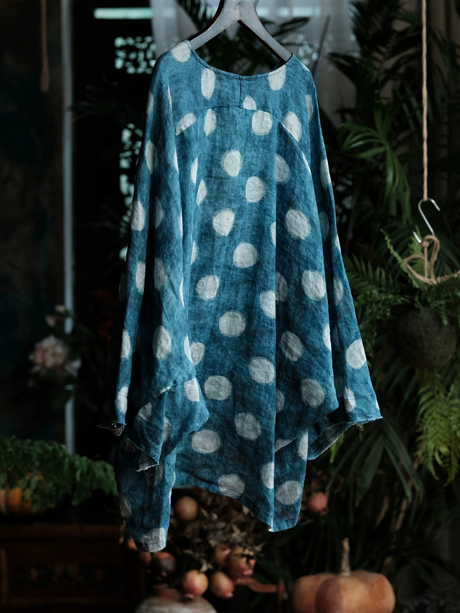 Women Vintage Polka Dot Vintage Long Sleeve Ramie Shirt