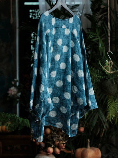 Women Vintage Polka Dot Vintage Long Sleeve Ramie Shirt