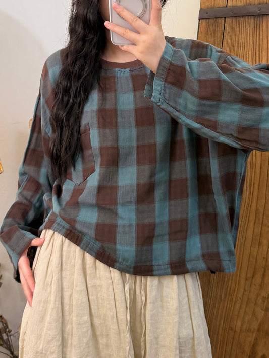Women Artsy Color Block Plaid Long Sleeve Cotton Blouse