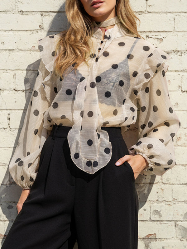 Long Sleeves Loose Buttoned Elasticity Polka-Dot Ruffle Trim See-Through V-Neck Blouses&Shirts Tops
