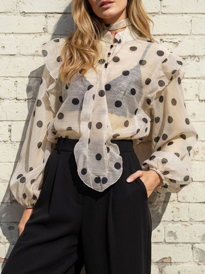 Long Sleeves Loose Buttoned Elasticity Polka-Dot Ruffle Trim See-Through V-Neck Blouses&Shirts Tops