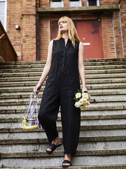 High Waisted Sleeveless Buttoned Pockets Solid Color Stand Collar Jumpsuits