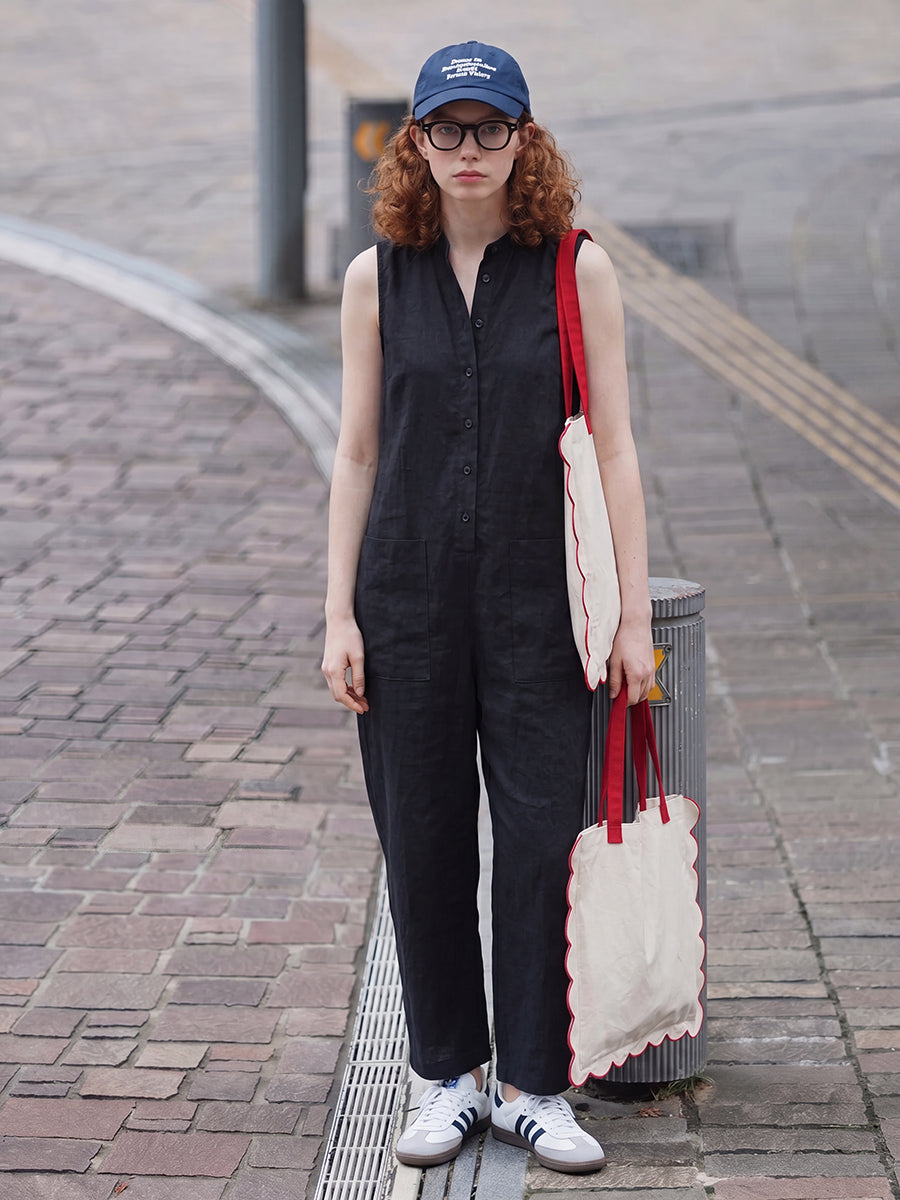 High Waisted Sleeveless Buttoned Pockets Solid Color Stand Collar Jumpsuits