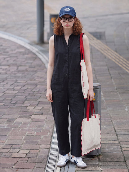 High Waisted Sleeveless Buttoned Pockets Solid Color Stand Collar Jumpsuits