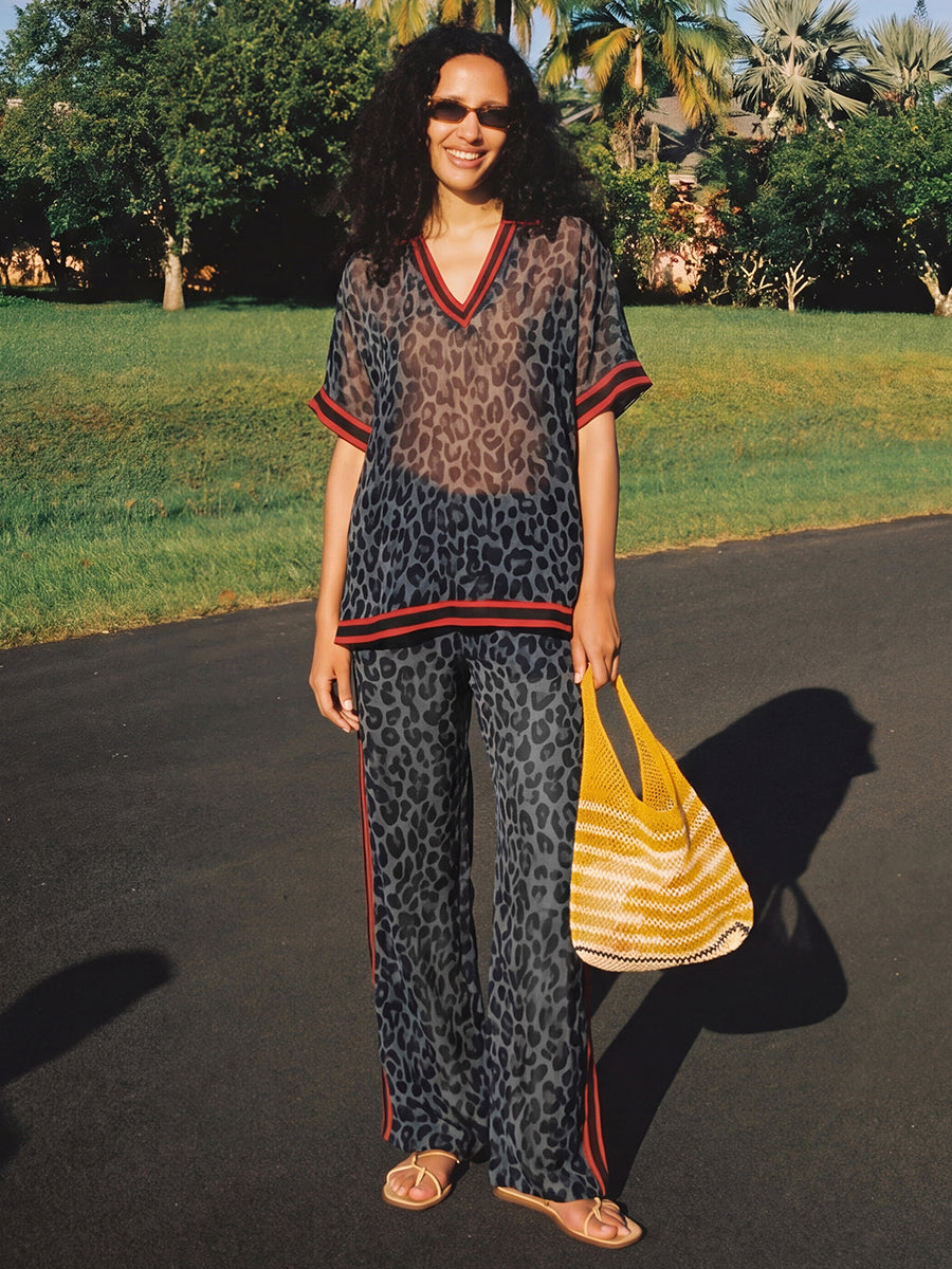 Loose Wide Leg Contrast Color Leopard Pockets See-Through Split-Joint Striped Pants Trousers