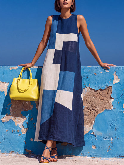 A-Line Loose Contrast Color Pockets Split-Joint Round-Neck Maxi Dresses