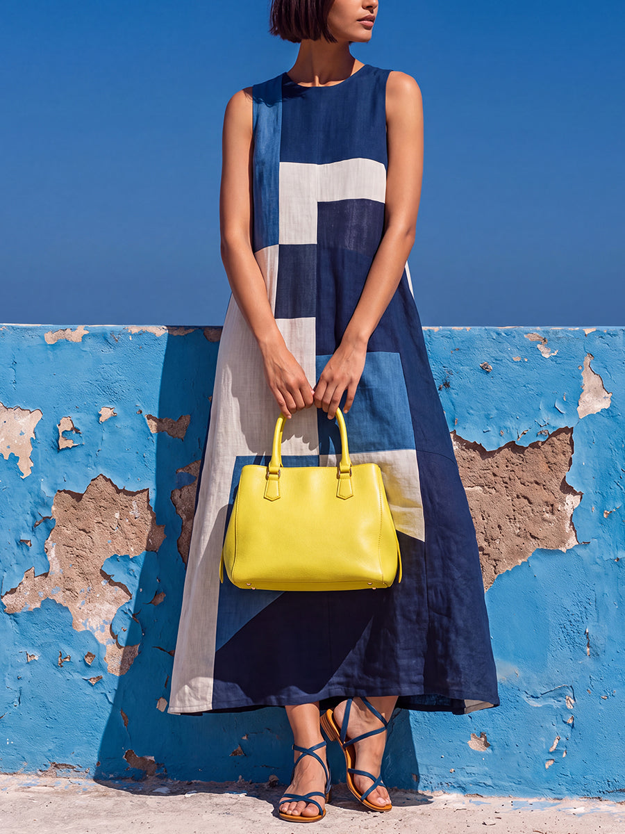 A-Line Loose Contrast Color Pockets Split-Joint Round-Neck Maxi Dresses