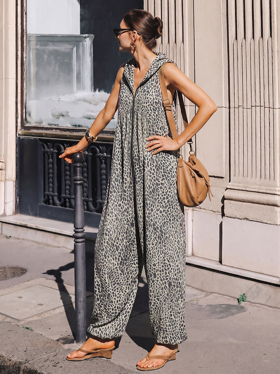 High Waisted Loose Contrast Color Leopard Pleated Pockets Split-Joint Zipper Hooded Anklets Jumpsuits