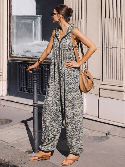 High Waisted Loose Contrast Color Leopard Pleated Pockets Split-Joint Zipper Hooded Anklets Jumpsuits