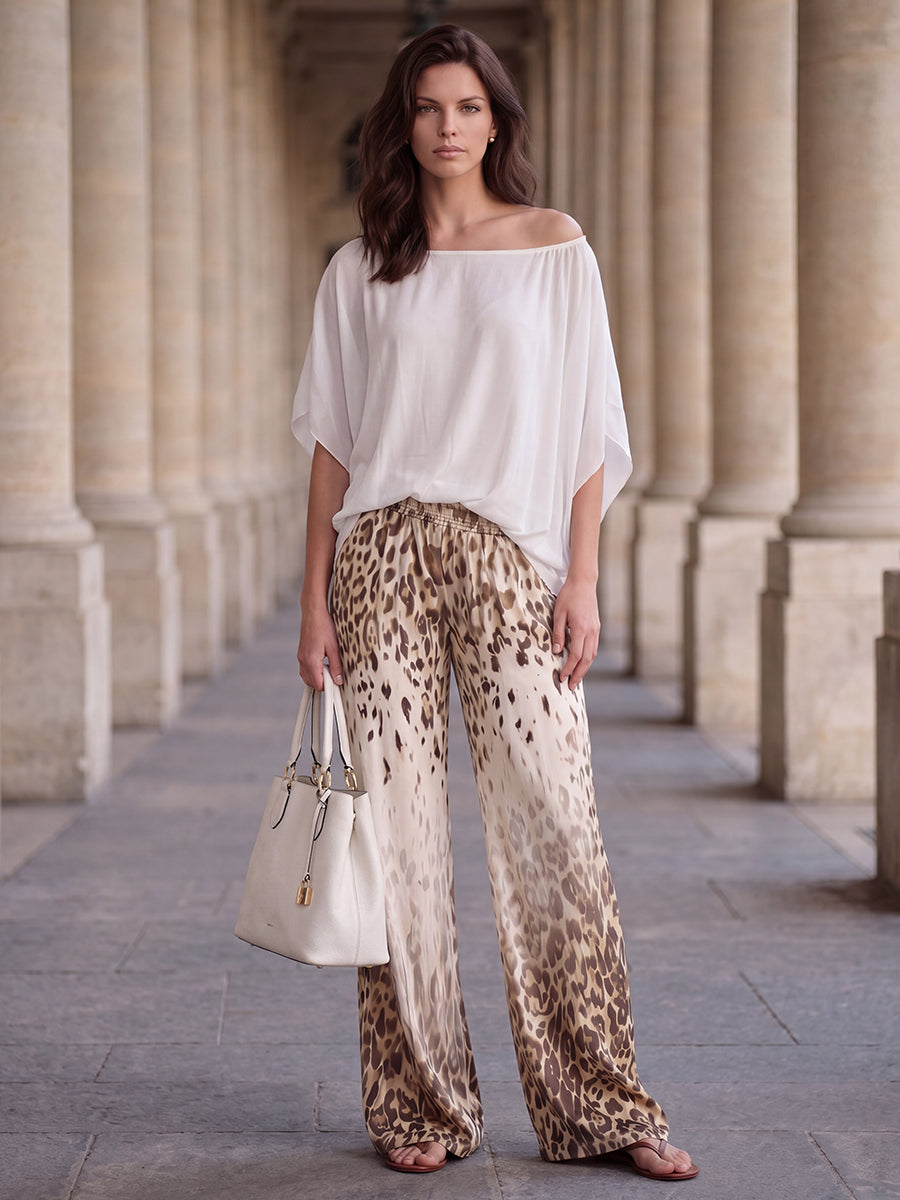 Loose Wide Leg Elasticity Gradient Leopard Pockets Trousers Wide Leg Pants