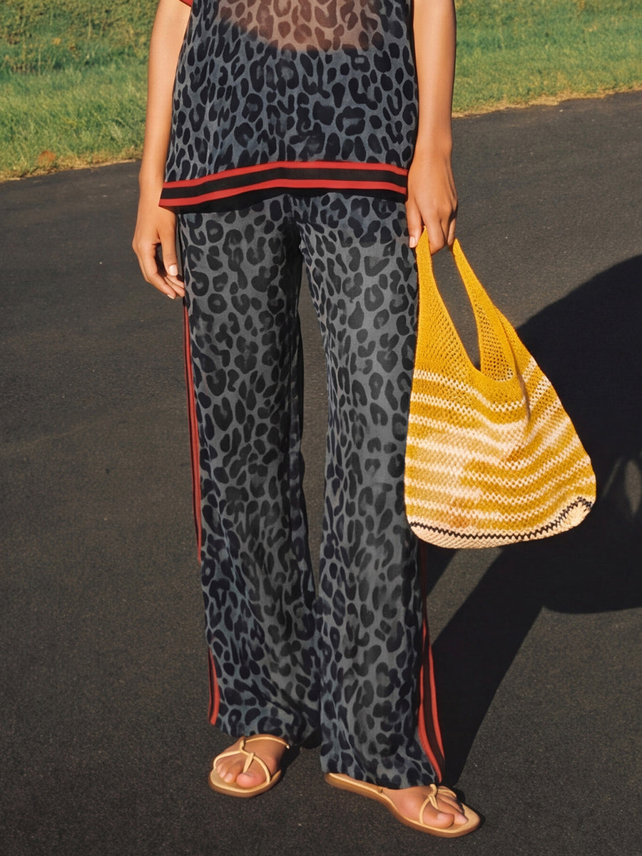 Loose Wide Leg Contrast Color Leopard Pockets See-Through Split-Joint Striped Pants Trousers