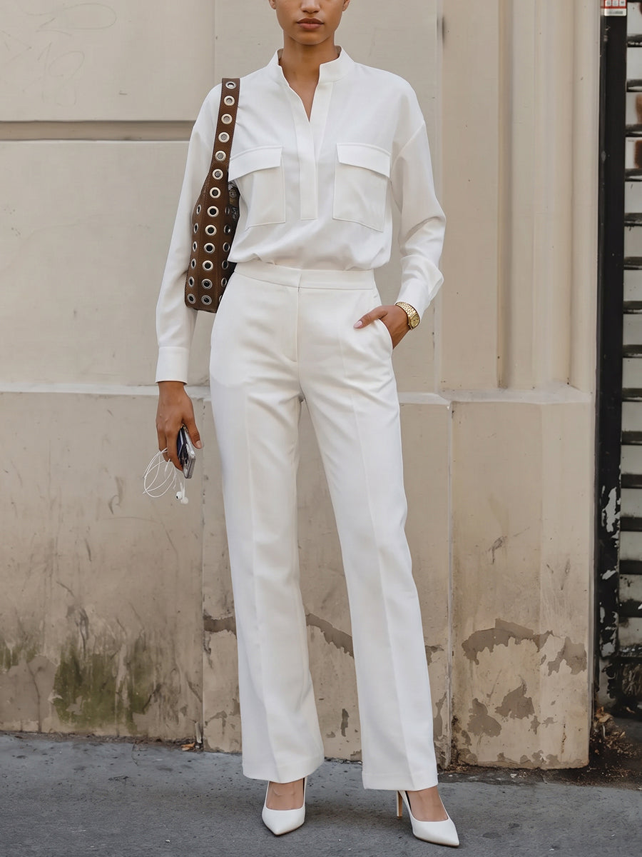 Solid Color Long Sleeves Buttoned Stand Collar Blouses&shirts Tops + Pleated Pockets High Waisted Pants Trousers Two Pieces Set
