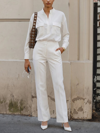 Solid Color Long Sleeves Buttoned Stand Collar Blouses&shirts Tops + Pleated Pockets High Waisted Pants Trousers Two Pieces Set