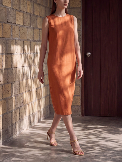 Loose Sleeveless Pockets Solid Color Round-Neck Midi Dresses