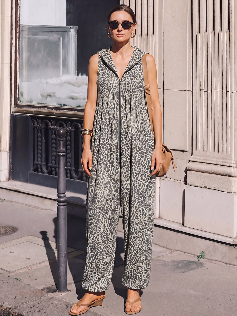 High Waisted Loose Contrast Color Leopard Pleated Pockets Split-Joint Zipper Hooded Anklets Jumpsuits